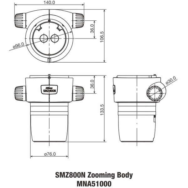 Nikon Stereokopf SMZ-800N Stereo Zoom Head, bino, 10-80x, click stop, ratio 8:1, 64 mm, 20°, WD 78 mm