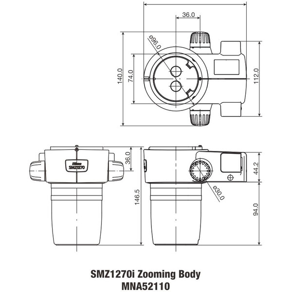 Nikon Stereokopf SMZ-1270i Stereo Zoom Head, trino, 6.3-80x, click stop, ratio 12.7:1, 64 mm, 0-30°, WD 70 mm