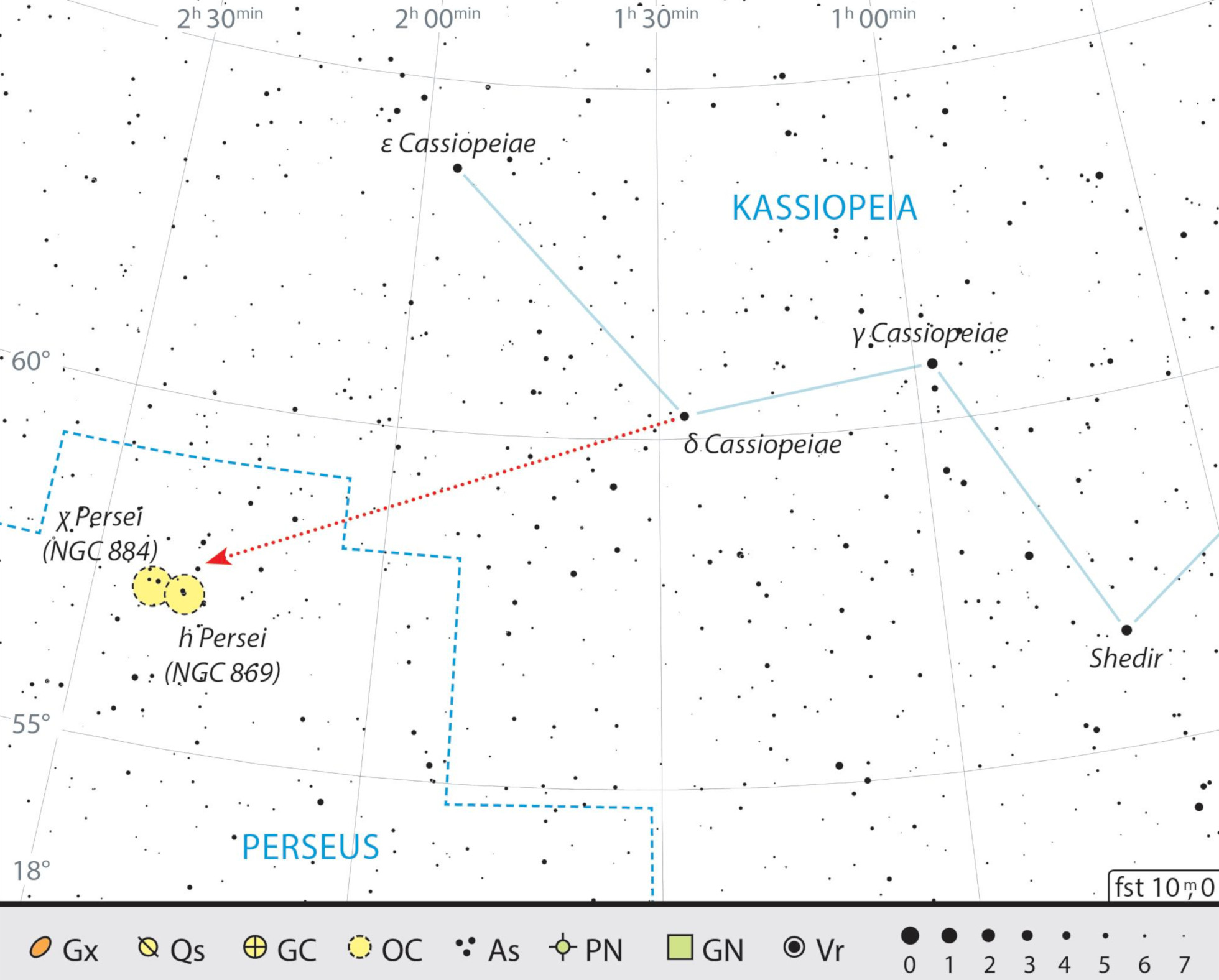 Aufsuchkarte des Doppelsternhaufens h und χ Persei. J. Scholten