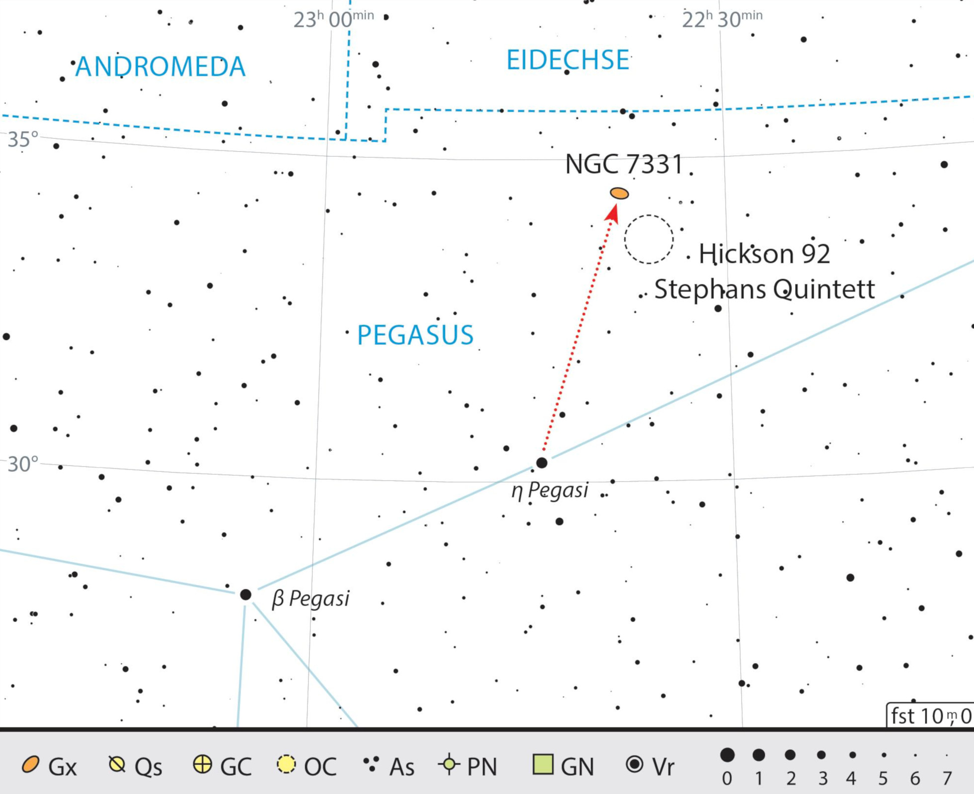 Aufsuchkarte für NGC 7331 und der südsüdwestlich davon gelegenen Galaxiengruppe Hickson 92. J. Scholten