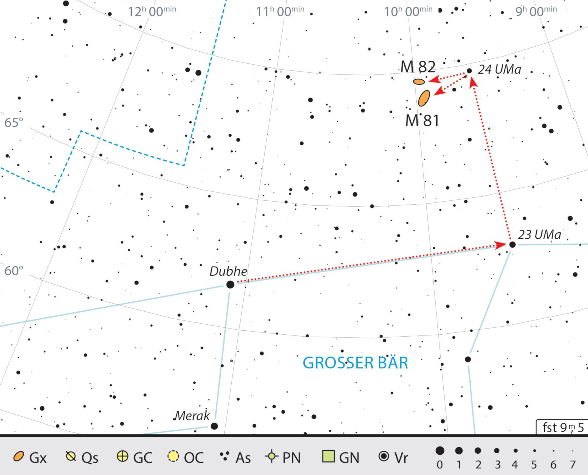 Aufsuchkarte für M 81 und M 82 im Sternbild Großer Bär. J. Scholten