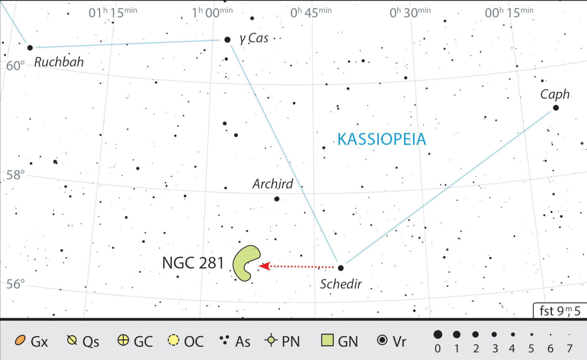 Der Pacman-Nebel steht ganz in der Nähe von α Cas (Schedir), Cassiopeias Hauptstern. J. Scholten