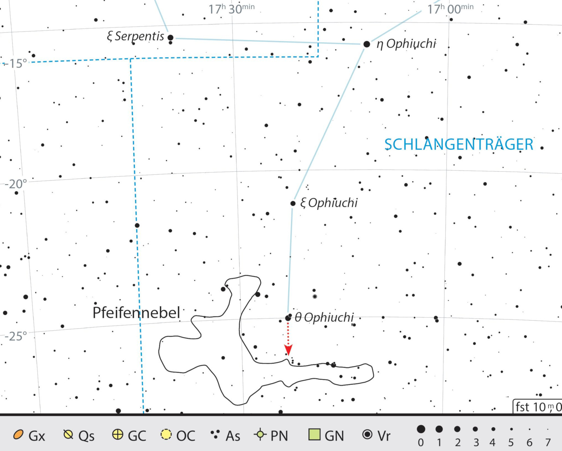 Aufsuchkarte des Pfeifennebels im Sternbild Schlangenträger. J. Scholten