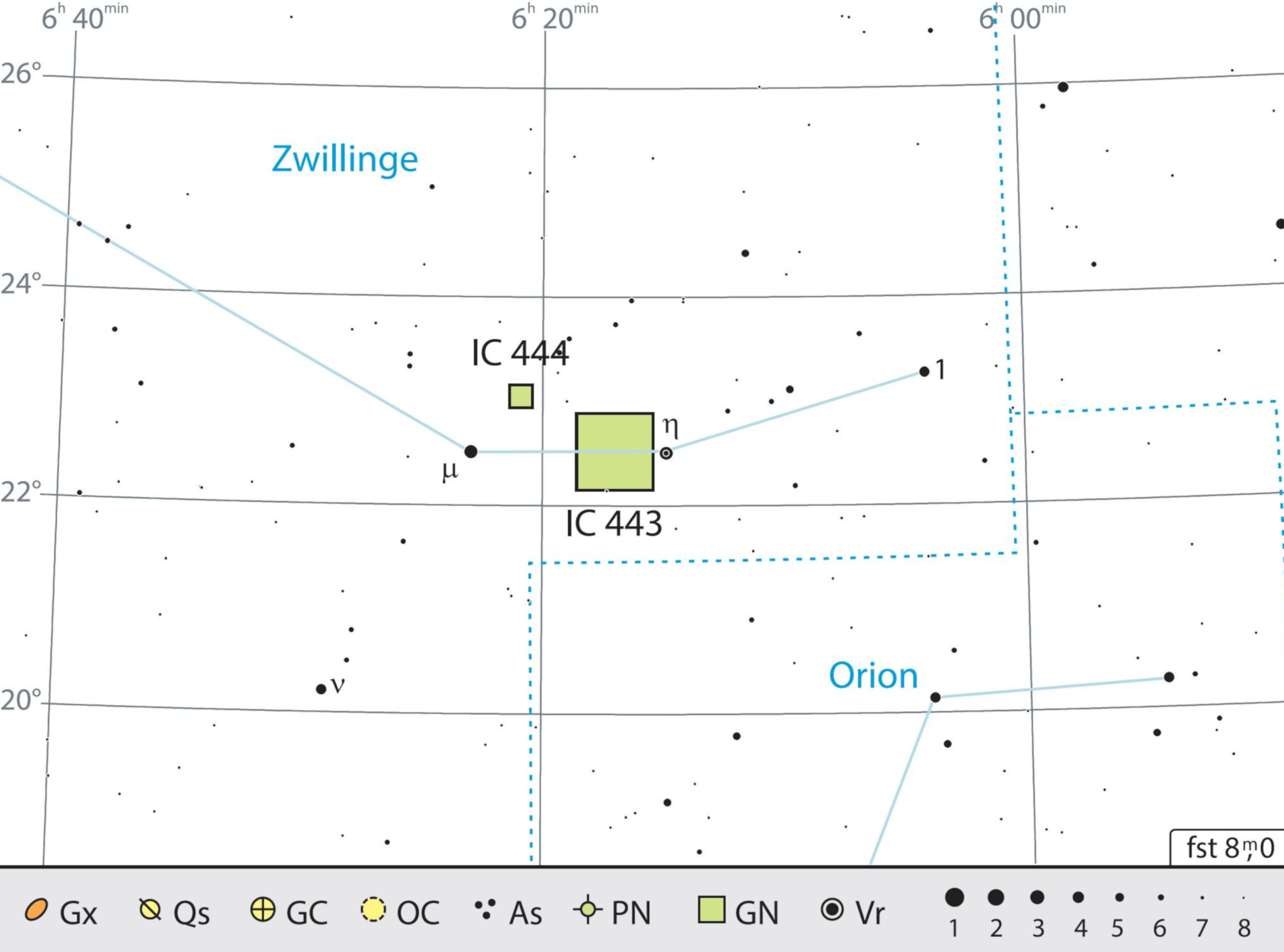 IC 443 ist einfach zu finden zwischen den Sternen μ und η im Sternbild Zwillinge. J. Scholten