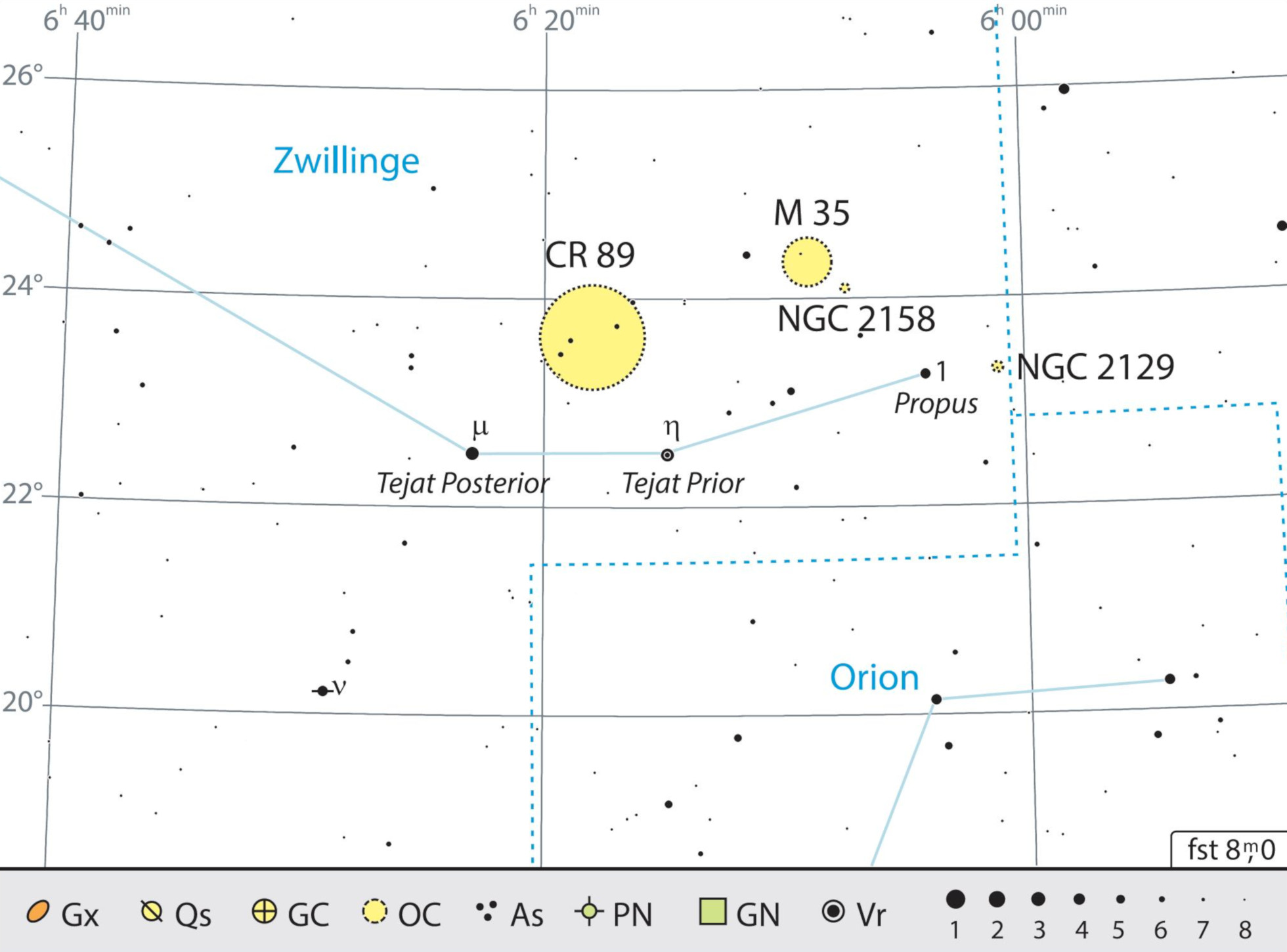 Aufsuchkarte für die Fernglas-Tour im Sternbild Zwillinge. Eine Übersichtskarte des
Sternbilds ist auf Seite 35 zu finden. J. Scholten