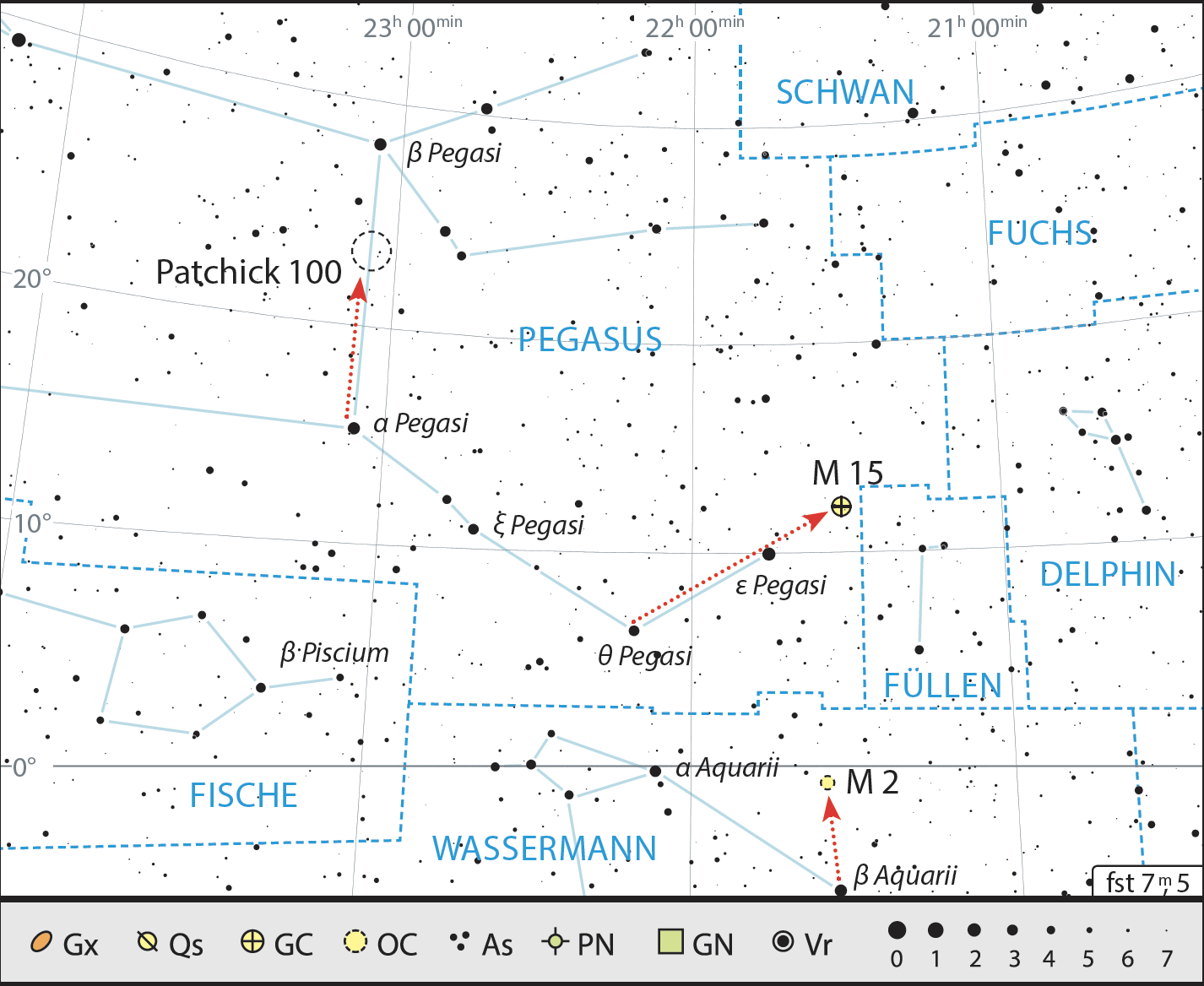 Auf dieser Fernglas-Wanderung müssen weite Wege gegangen werden, um interessante Objekte rund um das Sternbild Pegasus zu finden. J. Scholten