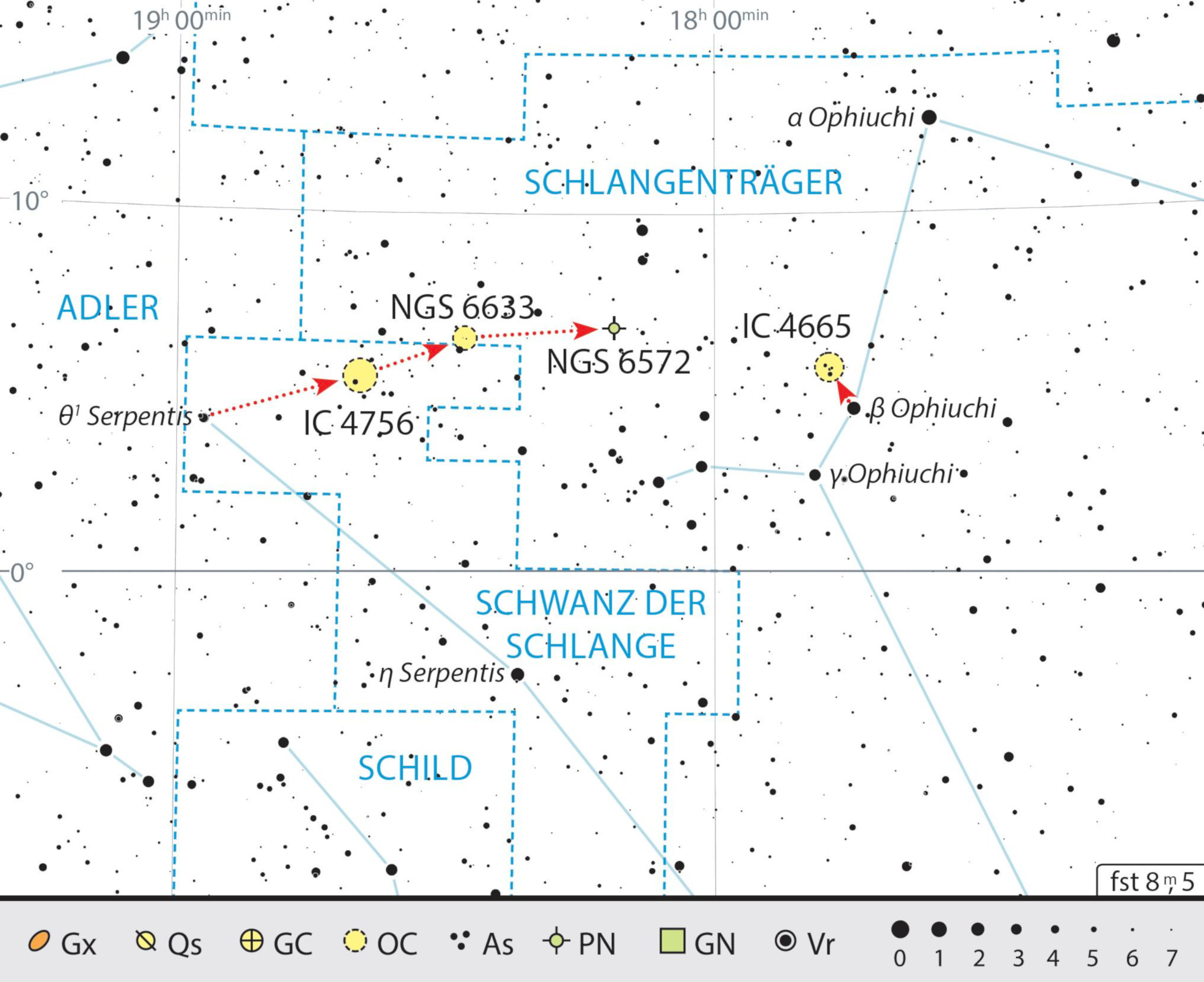 Im nordöstlichen Eckchen des Schlangenträgers tummeln sich etliche tolle Fernglasobjekte. J. Scholten