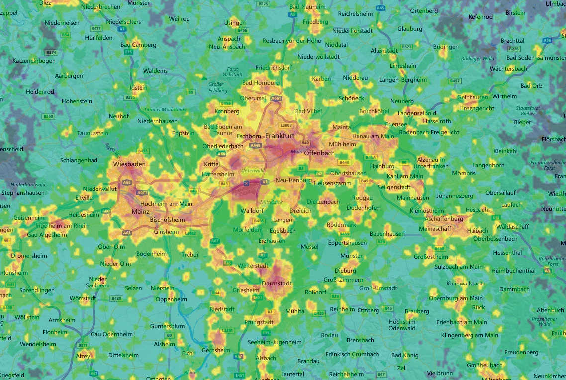 Ausschnitt aus einer Lichtverschmutzungskarte
mit dem Großraum Frankfurt. Jurij Stare, www.lightpollutionmap.info/Earth Observation Group,
NOAA National Geophysical Data Center