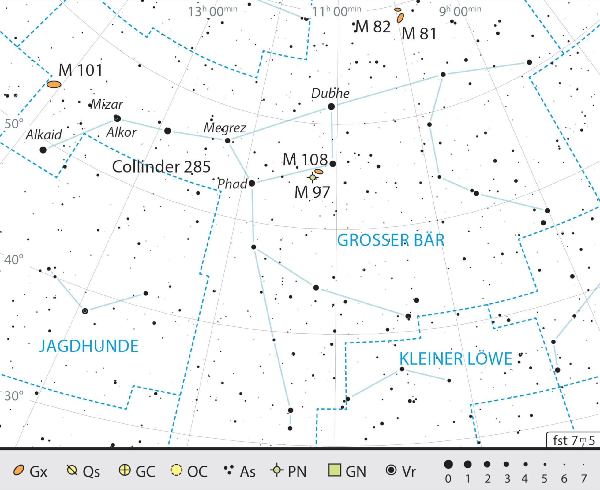 Übersichtskarte des Sternbilds Großer Bär mit den Beobachtungsempfehlungen. J. Scholten