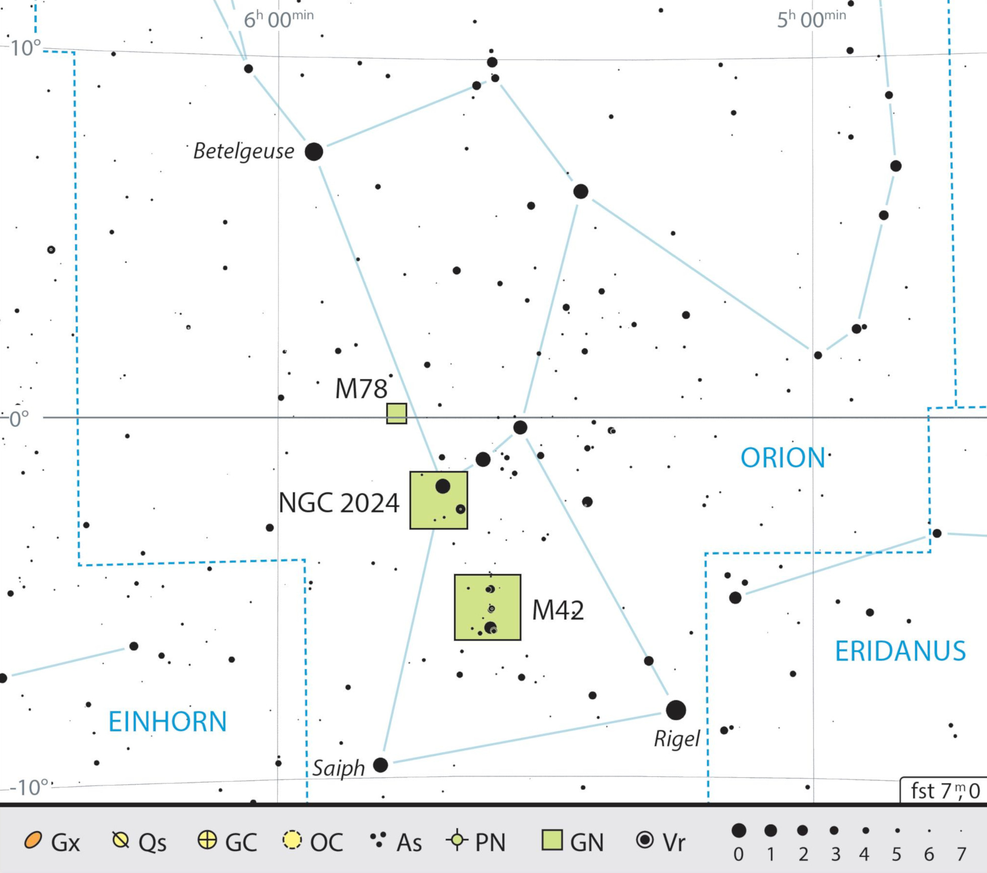 Übersichtskarte des Sternbilds Orion mit den Beobachtungsempfehlungen. J. Scholten