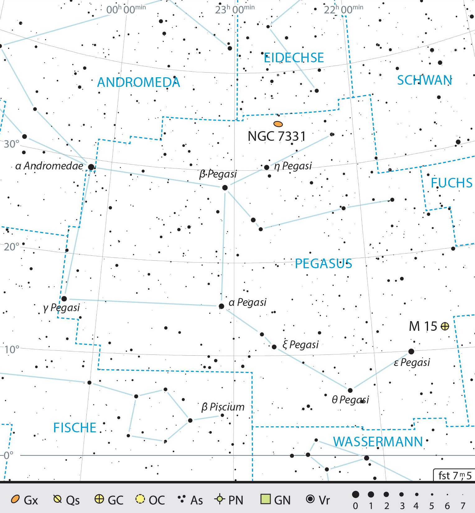 Übersichtskarte des Sternbilds Pegasus mit den Beobachtungsempfehlungen. J. Scholten