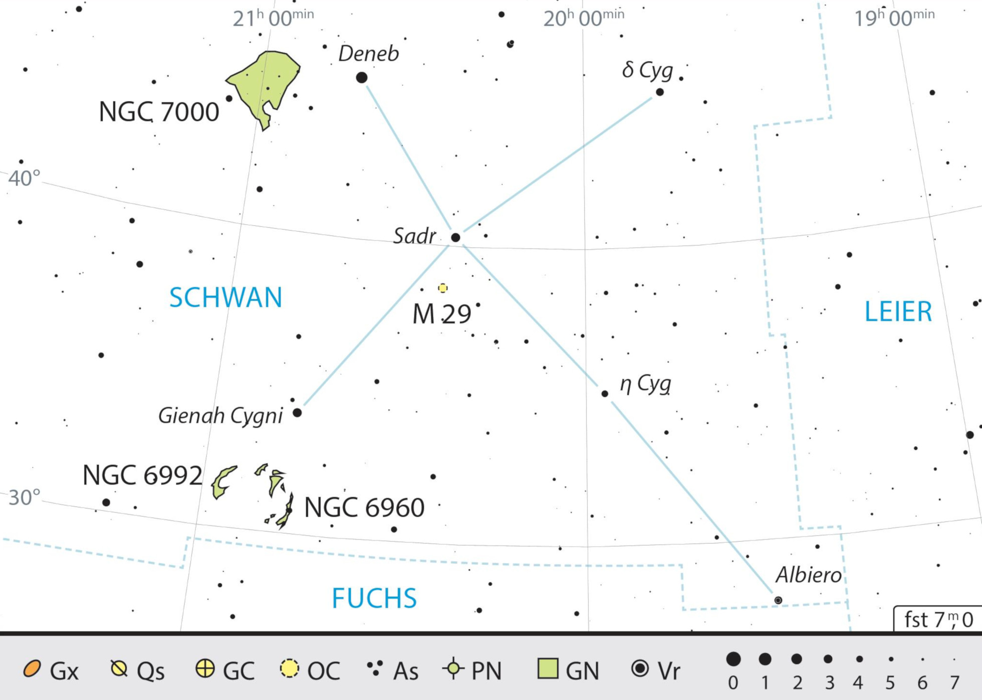 Übersichtskarte des Sternbilds Schwan mit den Beobachtungsempfehlungen. J.Scholten
