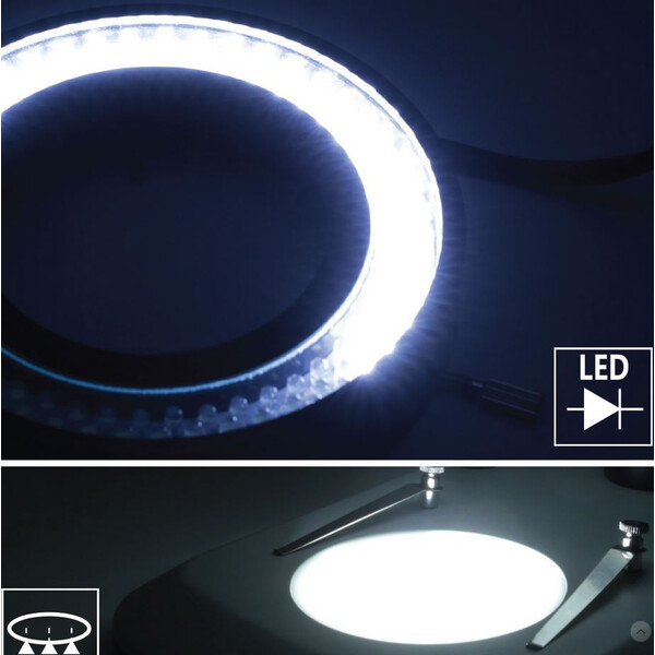 Optika Zoom-Stereomikroskop SZO-5 , bino, 6.7-45x, Säulenstativ, Auf-, Durchlicht, Doppelspot