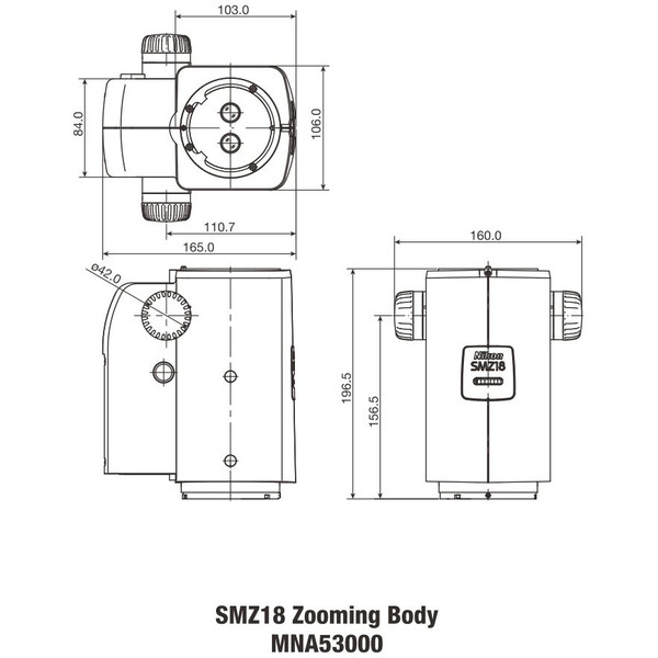 Nikon Stereokopf SMZ18, manual , parallel optics, achromate, Zoom Head, bino, 7.5-135x, click stop, ratio 18:1, 15°