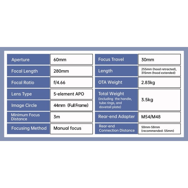 ToupTek Apochromatischer Refraktor HOPE D60 60/280 f/4.66