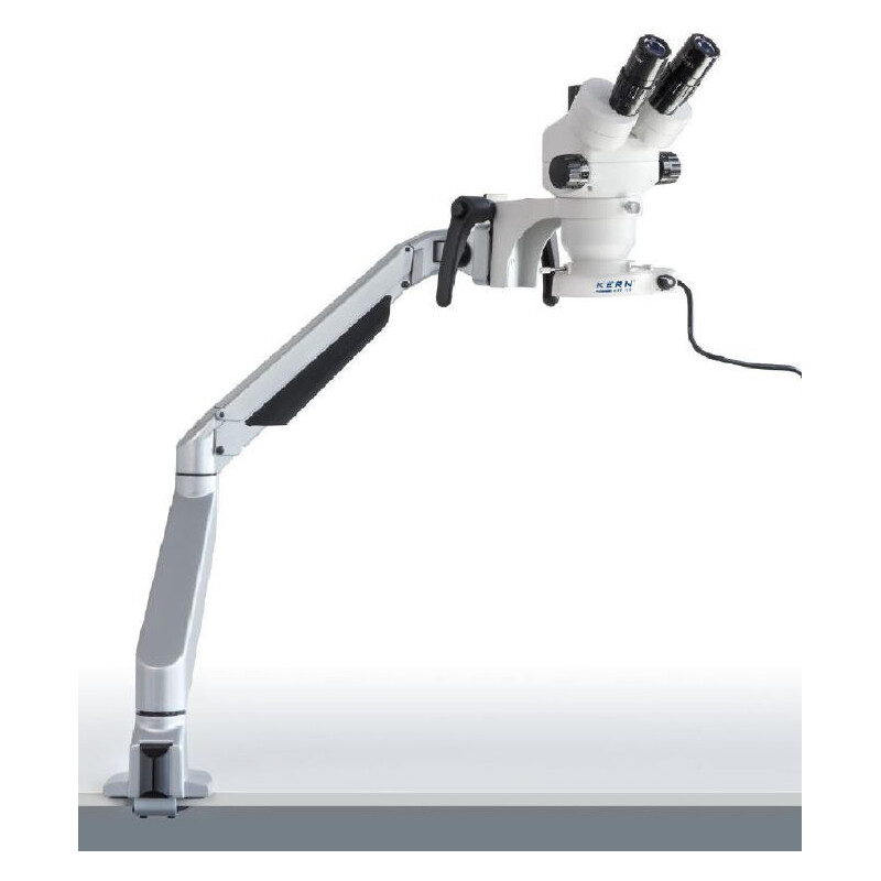 Kern Zoom-Stereomikroskop OZM 983, trino, 7-45x, HSWF 10x23 mm, Gelenkarm-Stativ, Feder, Tischklemme, Ringlicht LED 4.5W