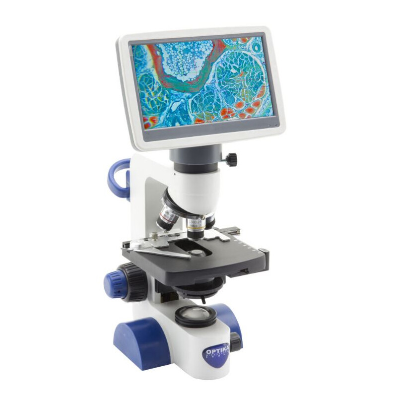 Optika Mikroskop B-62V, Screen, 7 Zoll, DIN, achro, 40-400x, LED, 1W, Kreuztisch, Abbe-Kondensor